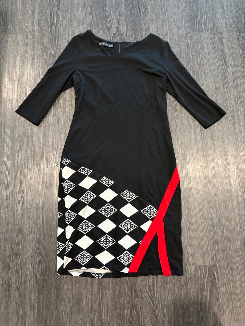 Black Midi Dress with Checker Print and Red Stripe